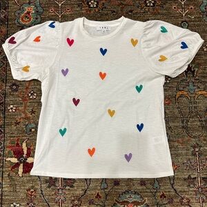 THML White Tee with Multicolor Embroidered Hearts and Puff Sleeves